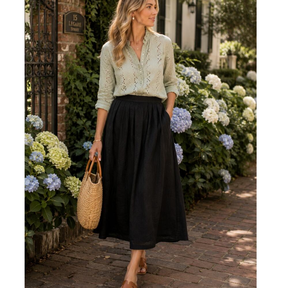 Vintage Bugardi Black 100% Linen Pleated Midi Skirt Pockets Minimalist size M - Picture 7 of 10